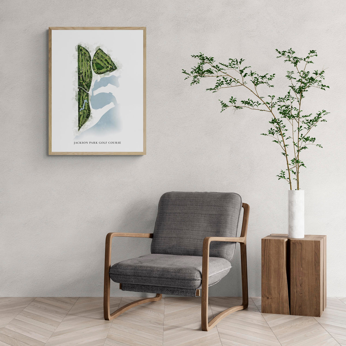 Classic Map of Jackson Park Golf Course with a comfy armchair and large plant