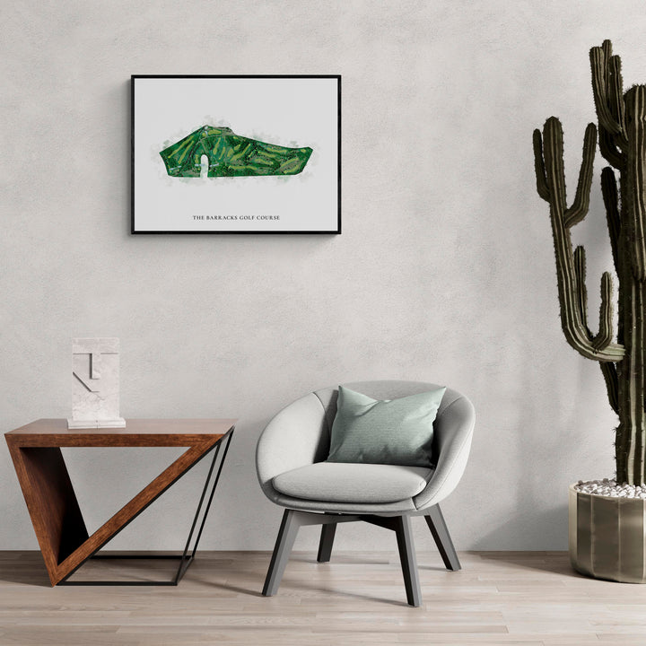 Classic Map of The Barracks Golf Course in a living room with large cactus plant