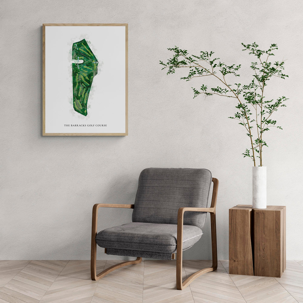 Classic Map of The Barracks Golf Course with a comfy armchair and large plant