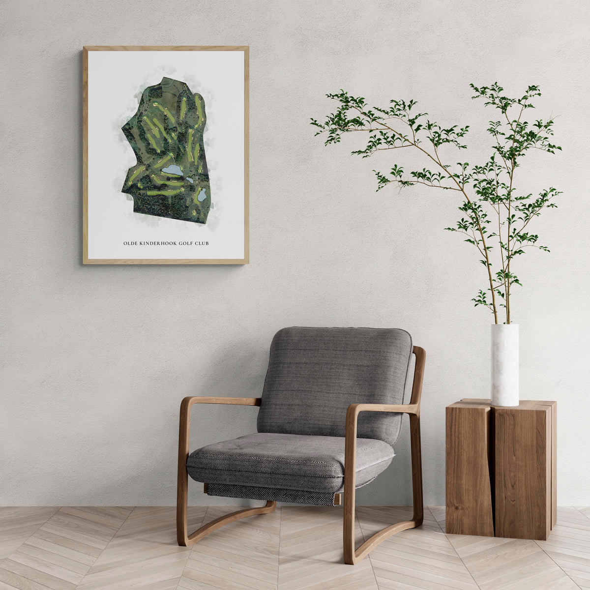 Classic Map of Olde Kinderhook Golf Club with a comfy armchair and large plant