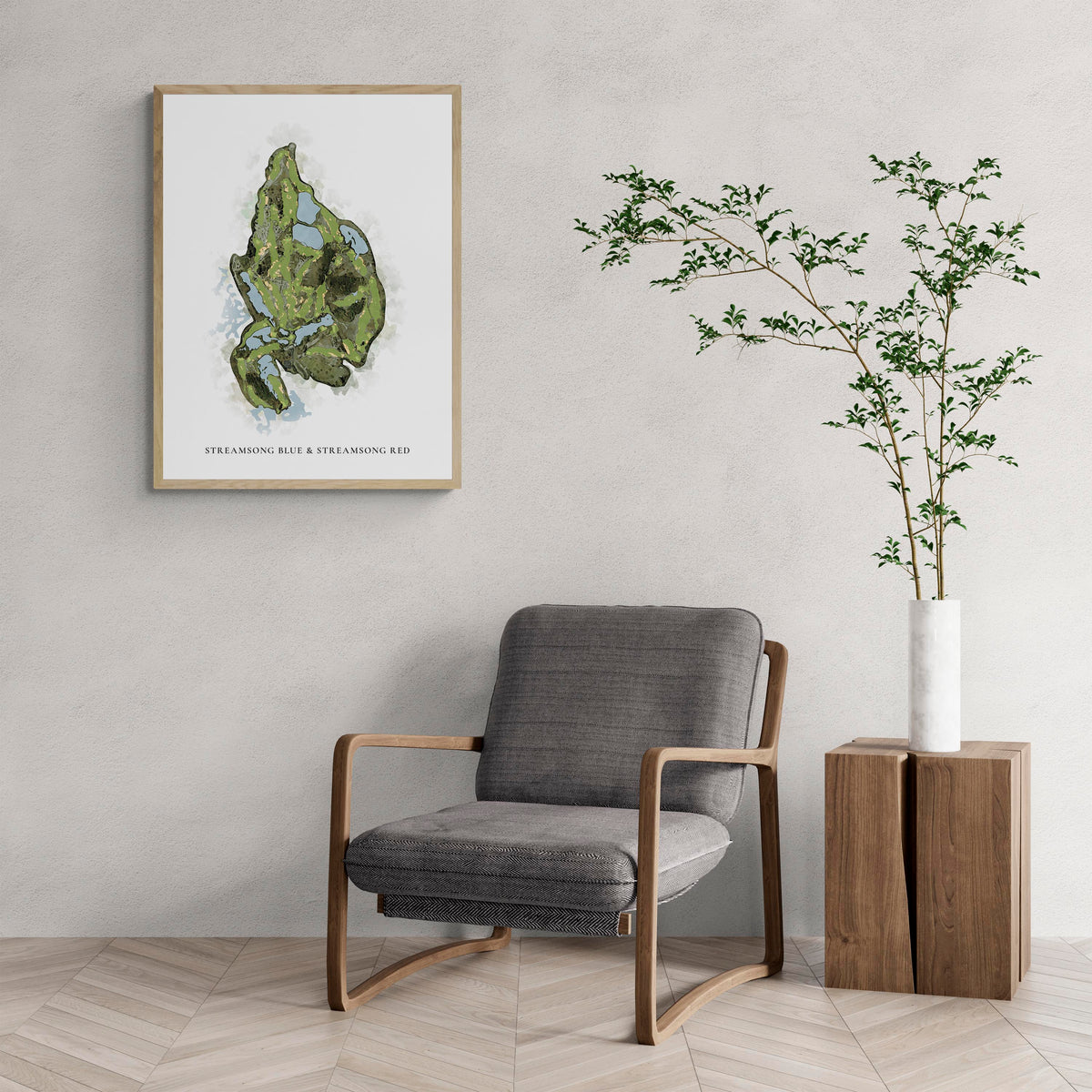 Classic Map of Streamsong Blue & Streamsong Red with a comfy armchair and large plant