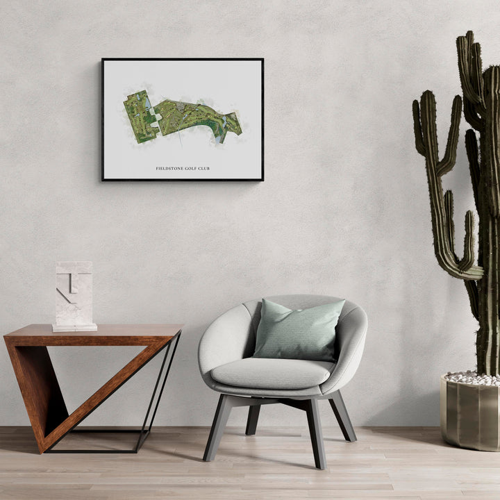Classic Map of Fieldstone Golf Club in a living room with large cactus plant