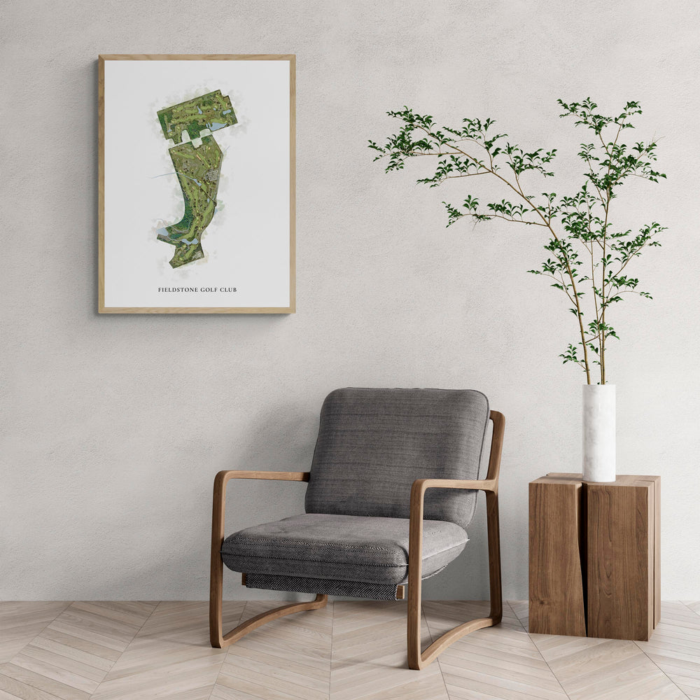 Classic Map of Fieldstone Golf Club with a comfy armchair and large plant