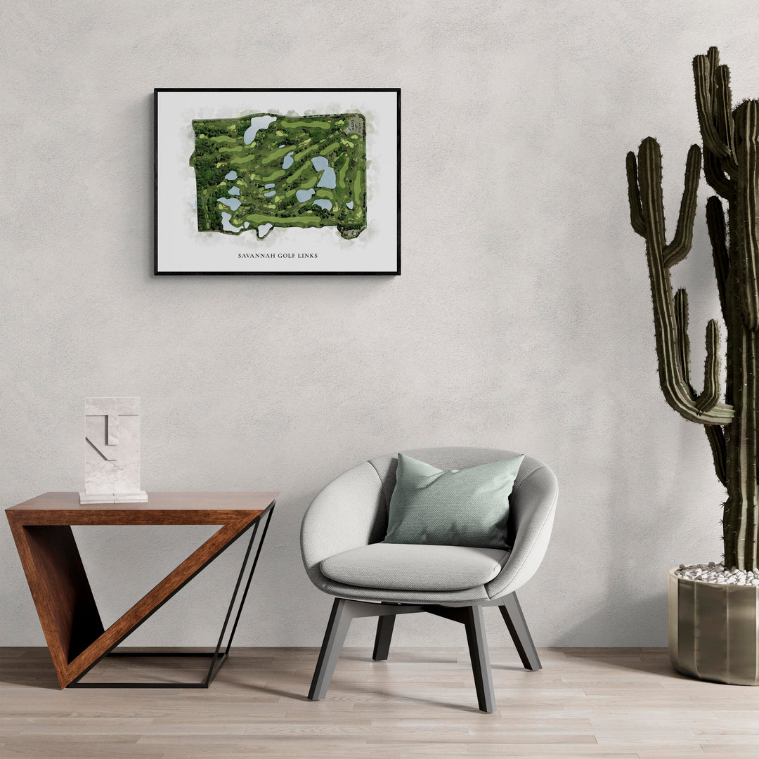 Classic Map of Savannah Golf Links in a living room with large cactus plant