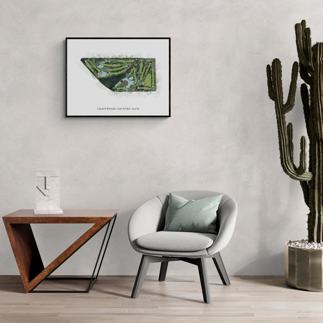 Classic Map of Crestwood Country Club in a living room with large cactus plant
