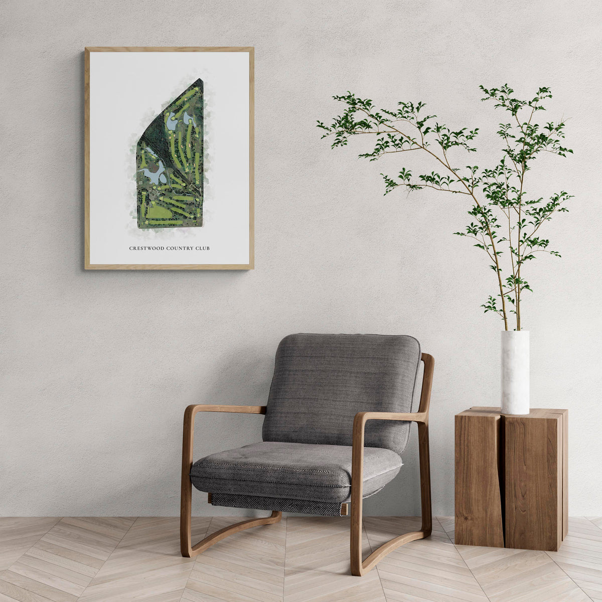 Classic Map of Crestwood Country Club with a comfy armchair and large plant