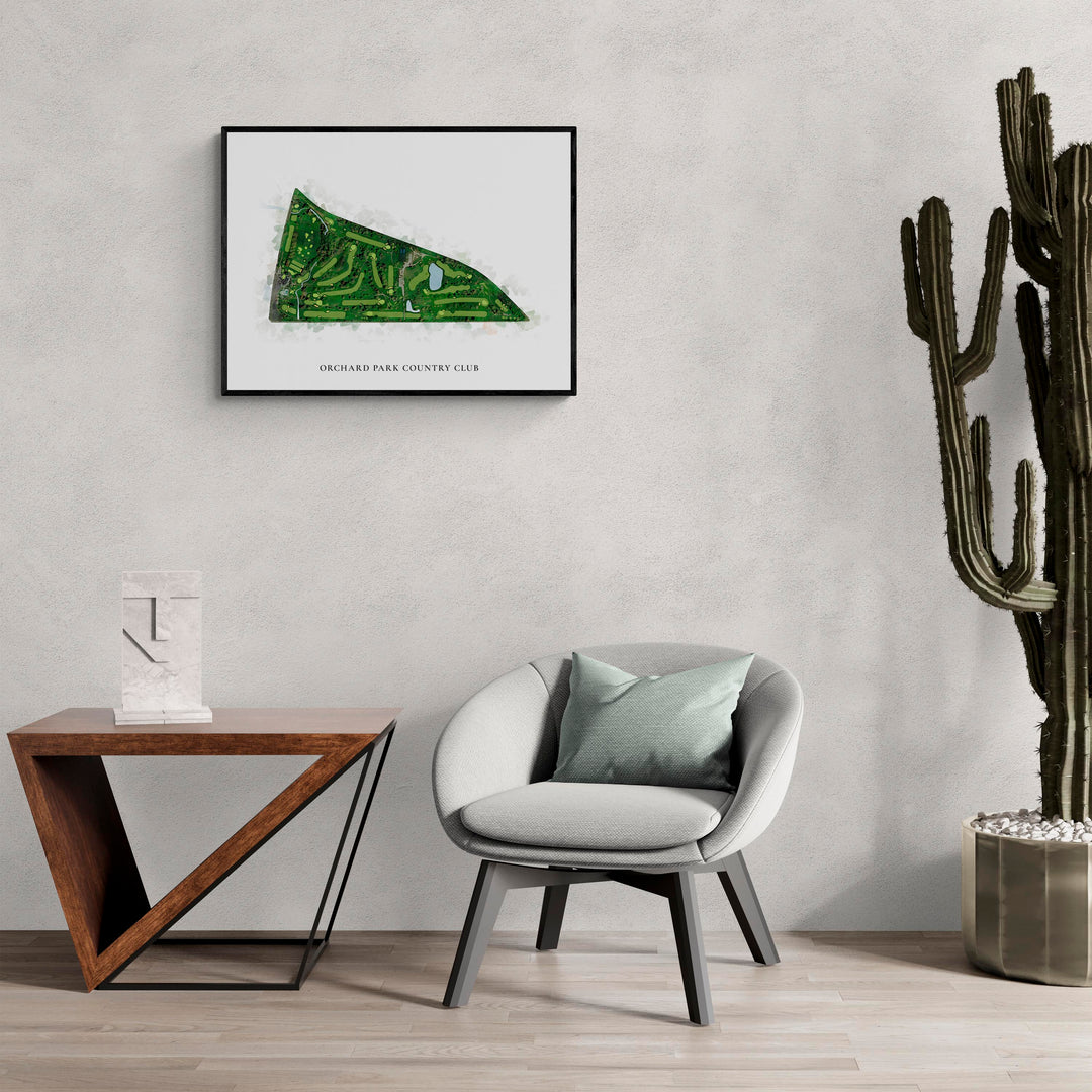 Classic Map of Orchard Park Country Club in a living room with large cactus plant