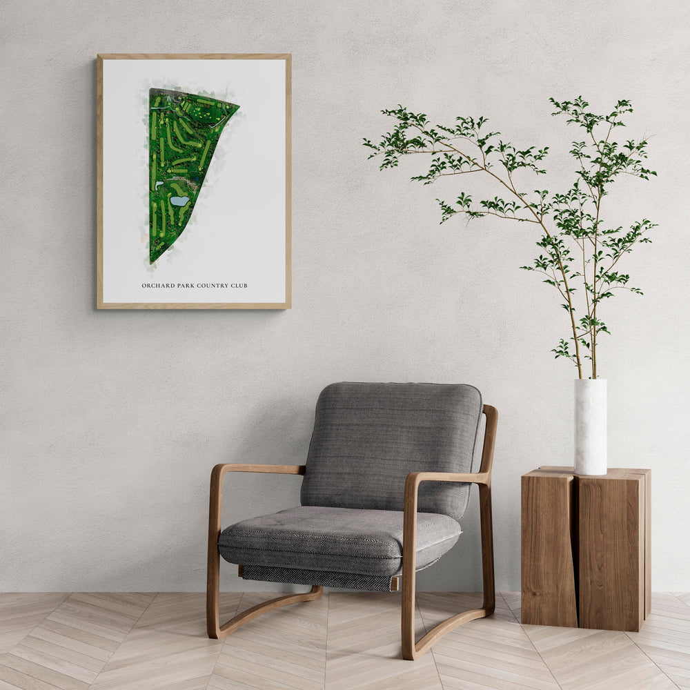 Classic Map of Orchard Park Country Club with a comfy armchair and large plant