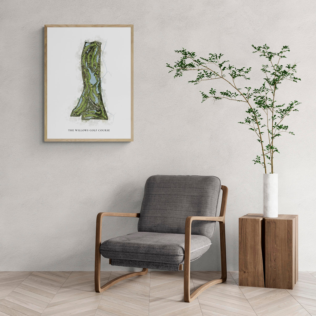 Classic Map of The Willows Golf Course with a comfy armchair and large plant