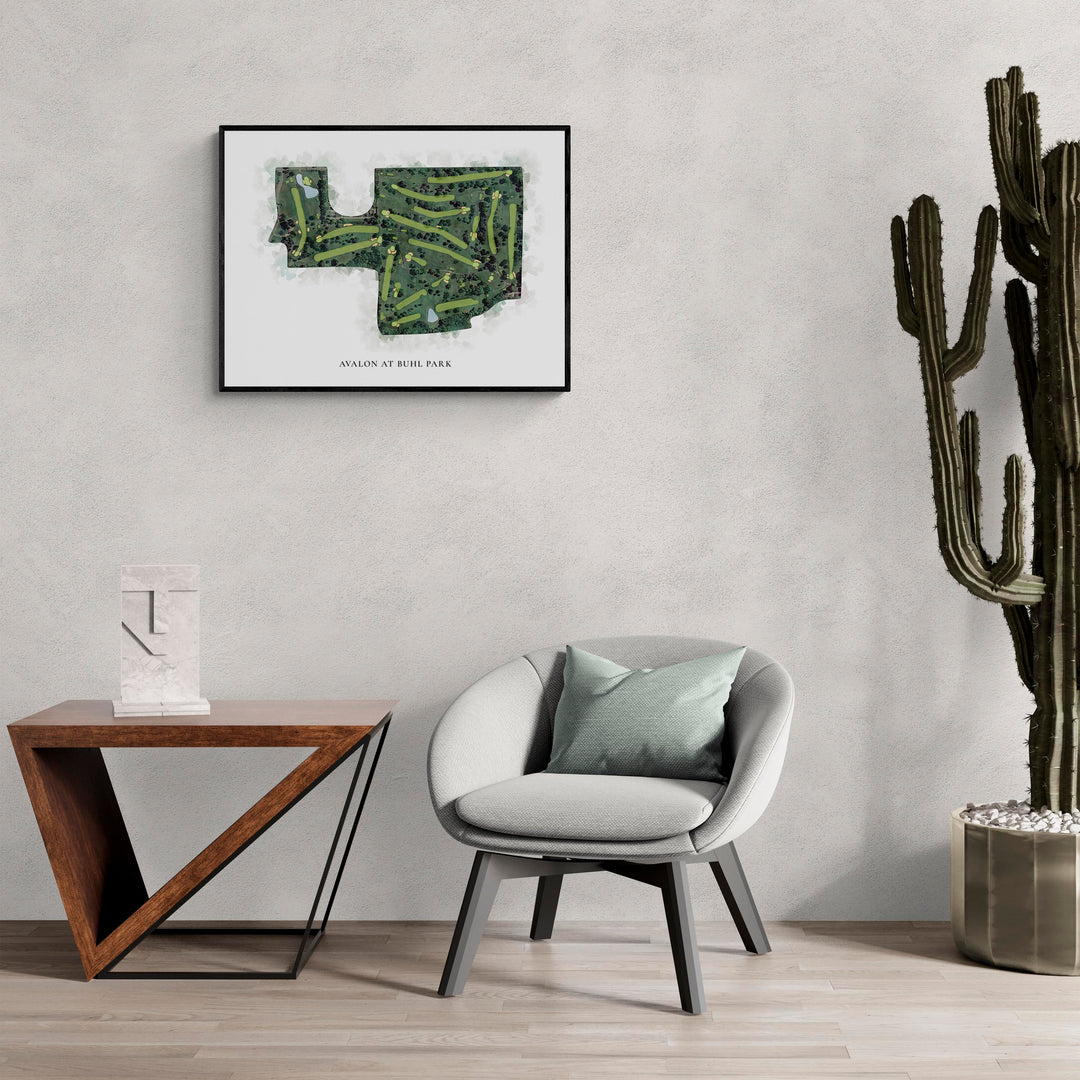 Classic Map of Avalon At Buhl Park in a living room with large cactus plant