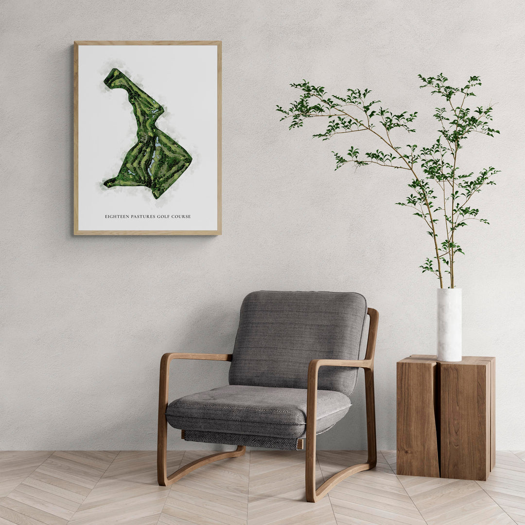 Classic Map of Eighteen Pastures Golf Course with a comfy armchair and large plant