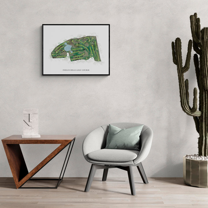 Classic Map of Indian Hills Golf Course in a living room with large cactus plant