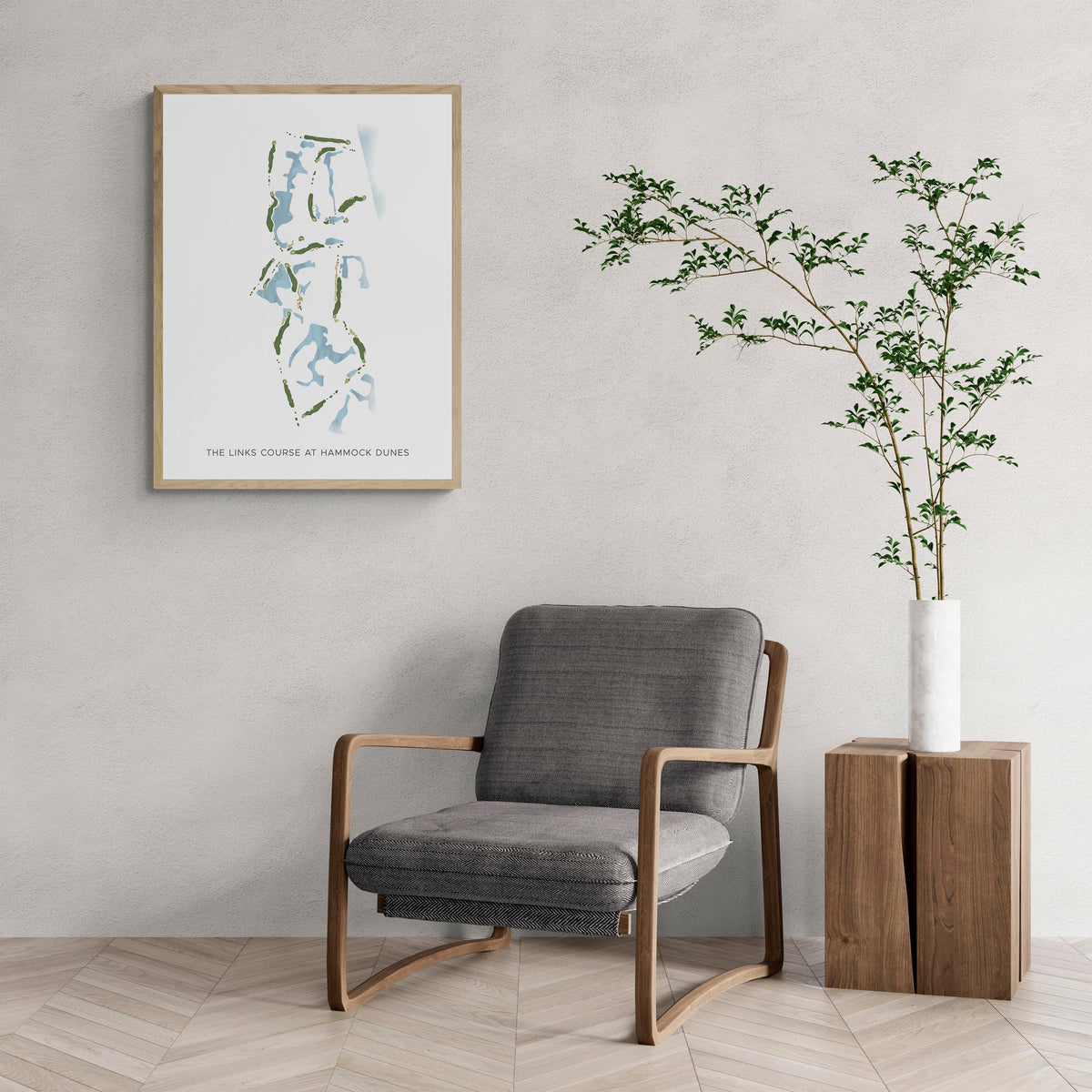 Modern Map of The Links Course At Hammock Dunes with a comfy armchair and large plant