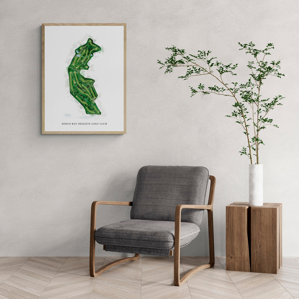Classic Map of Sodus Bay Heights Golf Club with a comfy armchair and large plant