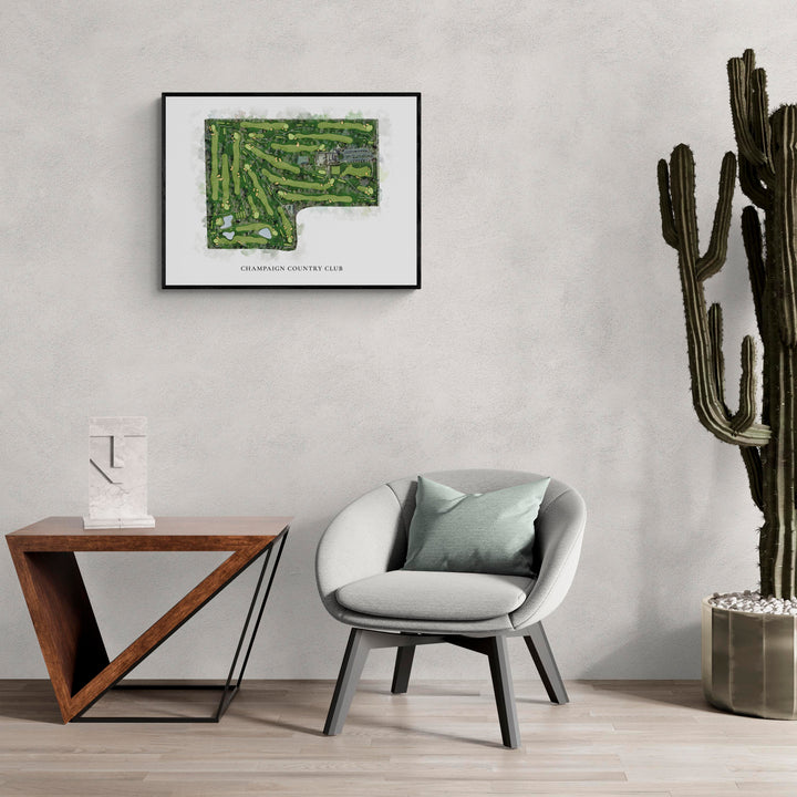 Classic Map of Champaign Country Club in a living room with large cactus plant