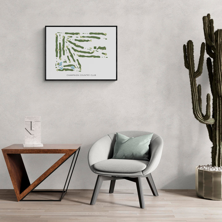 Modern Map of Champaign Country Club in a living room with large cactus plant
