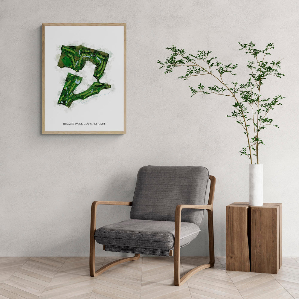 Classic Map of Hiland Park Country Club with a comfy armchair and large plant