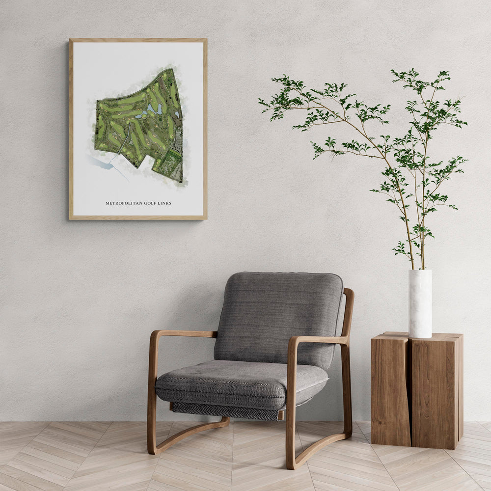 Classic Map of Metropolitan Golf Links with a comfy armchair and large plant