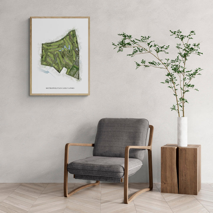 Classic Map of Metropolitan Golf Links with a comfy armchair and large plant