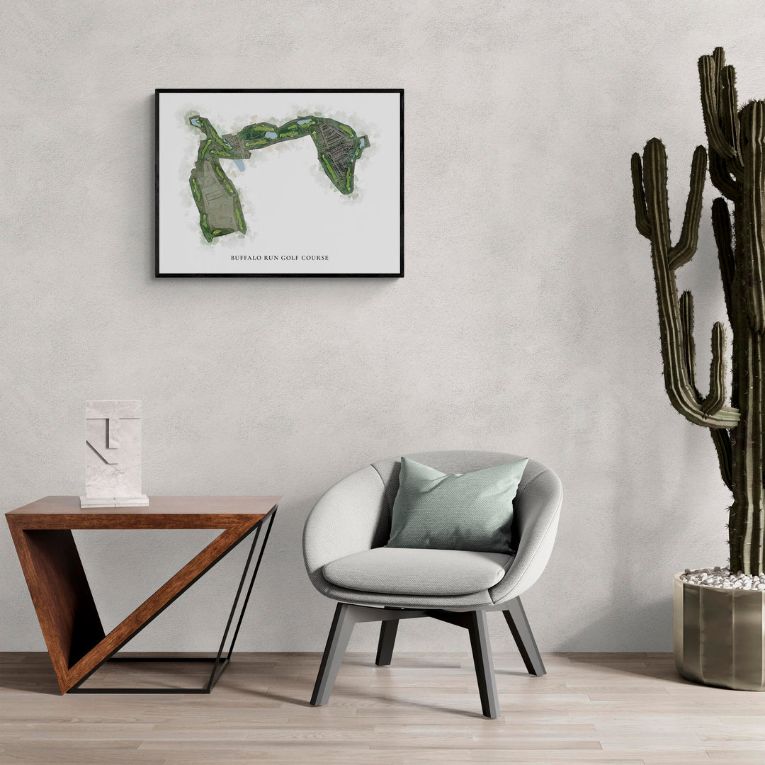 Classic Map of Buffalo Run Golf Course in a living room with large cactus plant