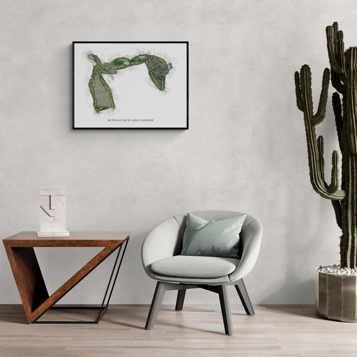 Classic Map of Buffalo Run Golf Course in a living room with large cactus plant