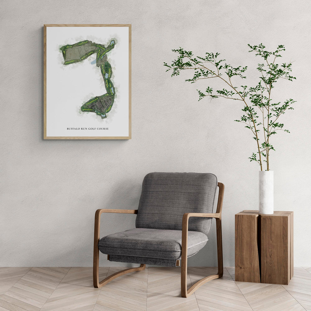 Classic Map of Buffalo Run Golf Course with a comfy armchair and large plant