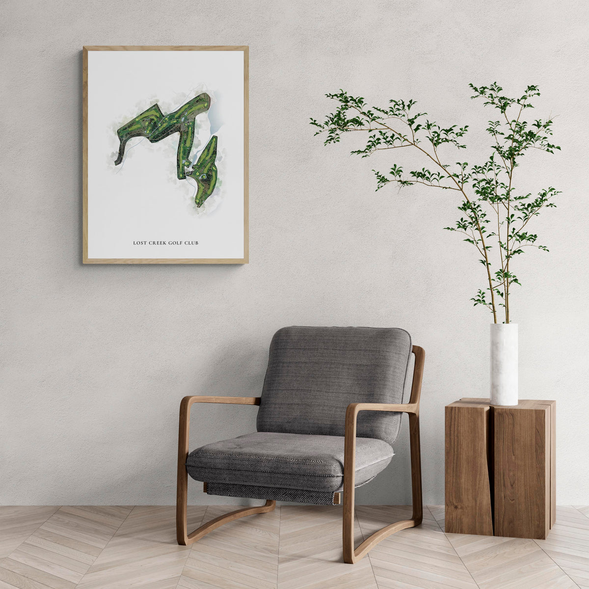 Classic Map of Lost Creek Golf Club with a comfy armchair and large plant