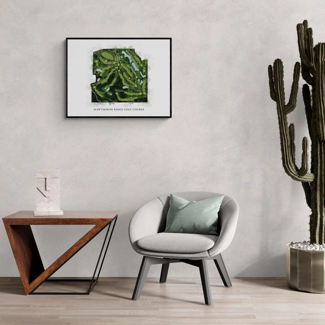 Classic Map of Hawthorne Ridge Golf Course in a living room with large cactus plant