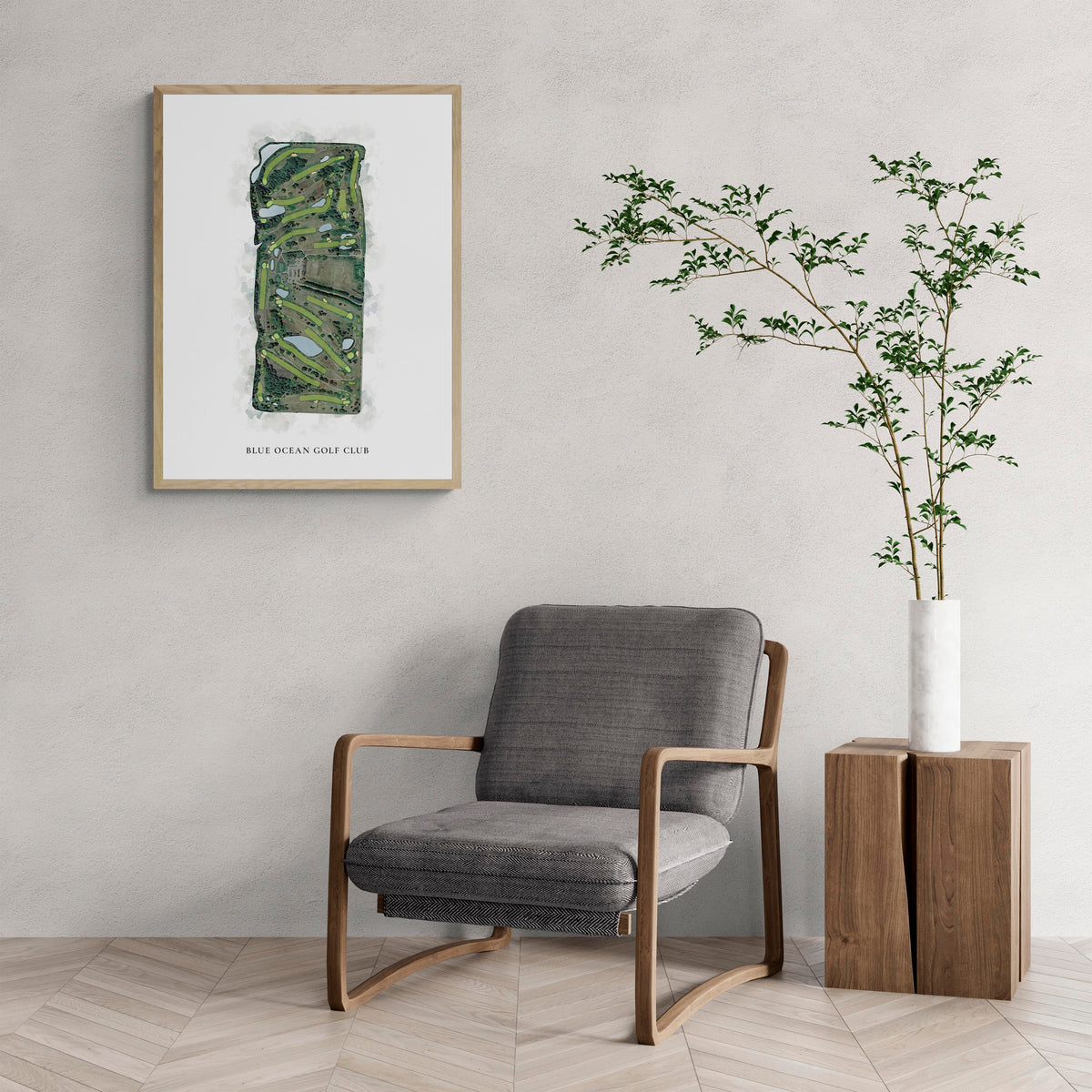 Classic Map of Blue Ocean Golf Club with a comfy armchair and large plant