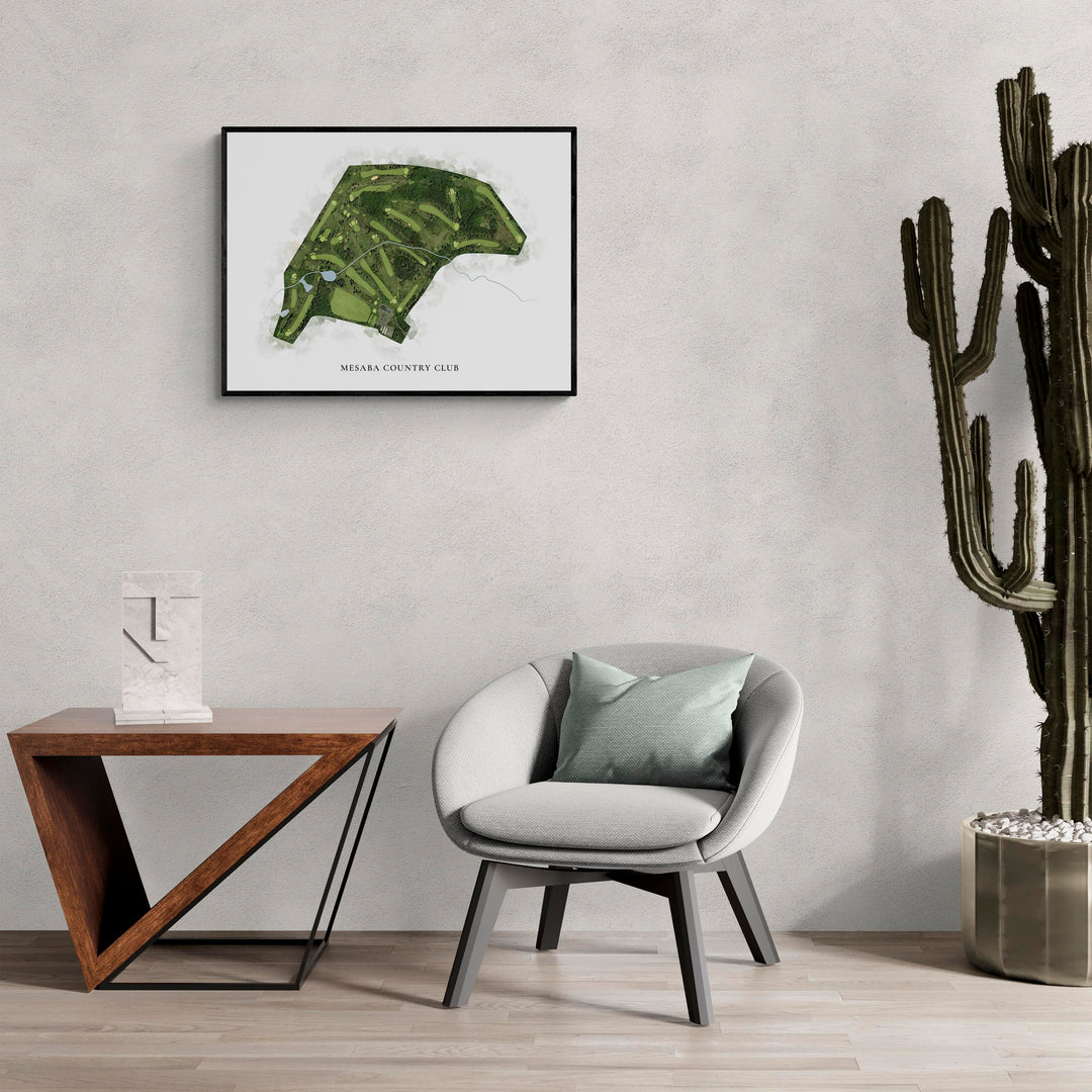 Classic Map of Mesaba Country Club in a living room with large cactus plant