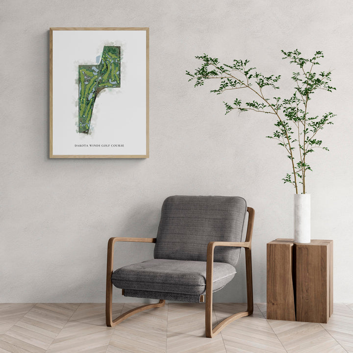 Classic Map of Dakota Winds Golf Course with a comfy armchair and large plant