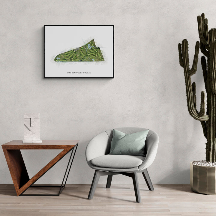 Classic Map of Fox Bend Golf Course in a living room with large cactus plant