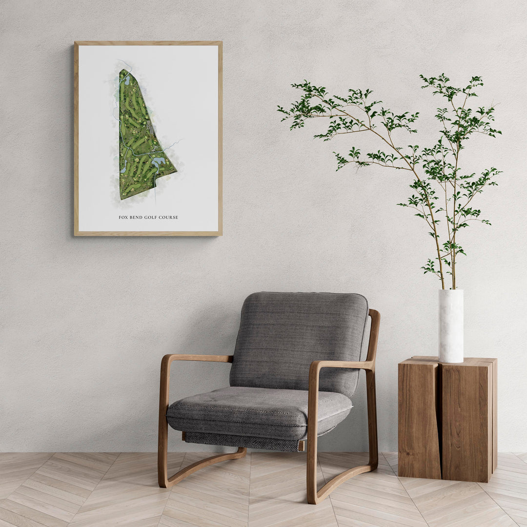 Classic Map of Fox Bend Golf Course with a comfy armchair and large plant