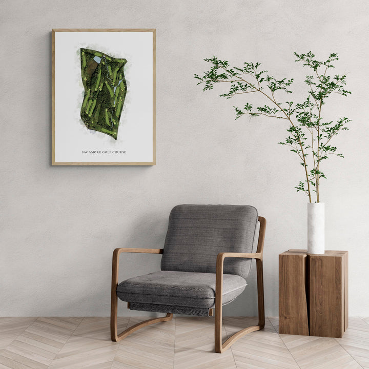 Classic Map of Sagamore Golf Course with a comfy armchair and large plant