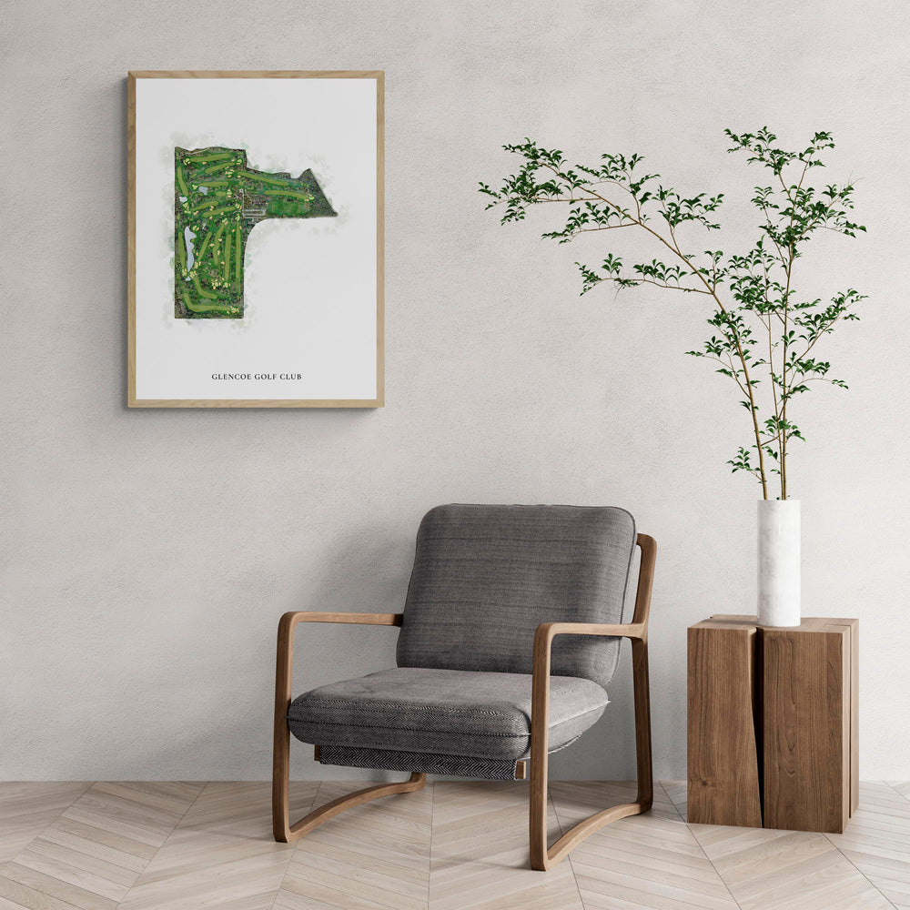 Classic Map of Glencoe Golf Club with a comfy armchair and large plant