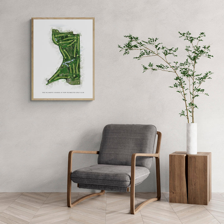 Classic Map of The Ngamotu Course At New Plymouth Golf Club with a comfy armchair and large plant