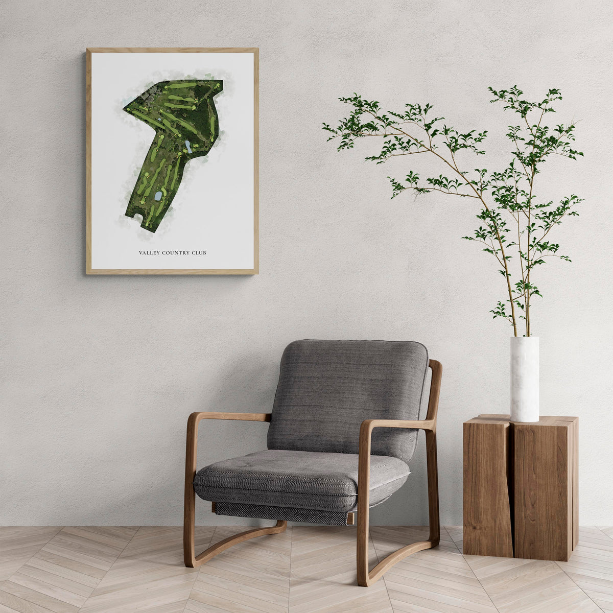 Classic Map of Valley Country Club with a comfy armchair and large plant