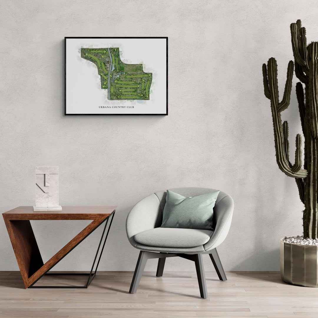 Classic Map of Urbana Country Club in a living room with large cactus plant