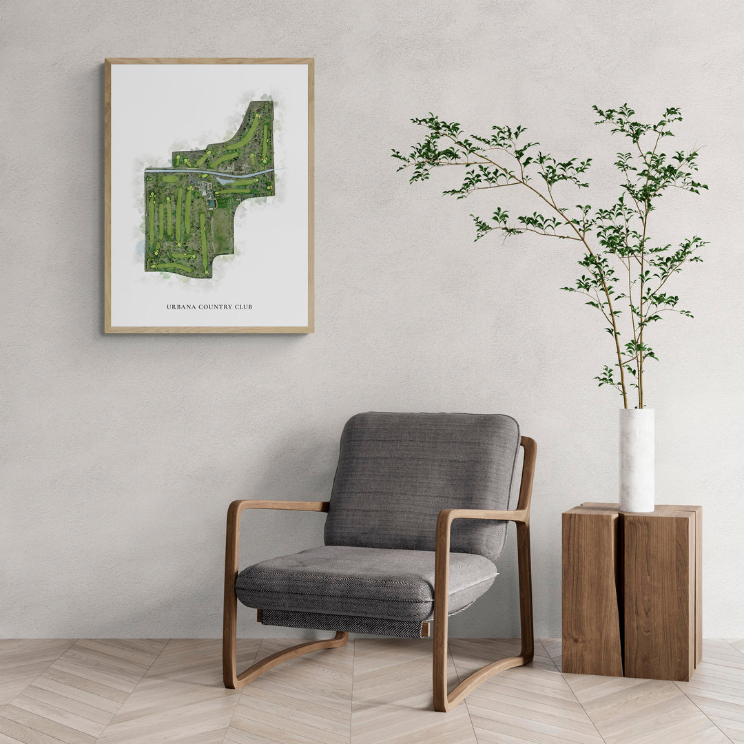 Classic Map of Urbana Country Club with a comfy armchair and large plant
