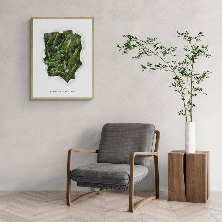 Classic Map of Sand Ridge Golf Club with a comfy armchair and large plant