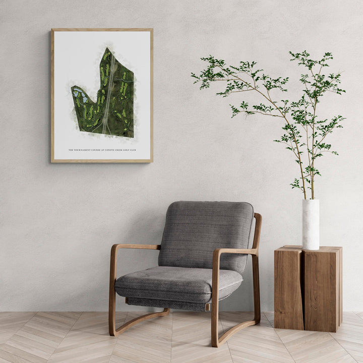Classic Map of The Tournament Course At Coyote Creek Golf Club with a comfy armchair and large plant