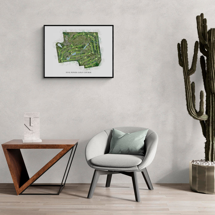 Classic Map of Five Ponds Golf Course in a living room with large cactus plant