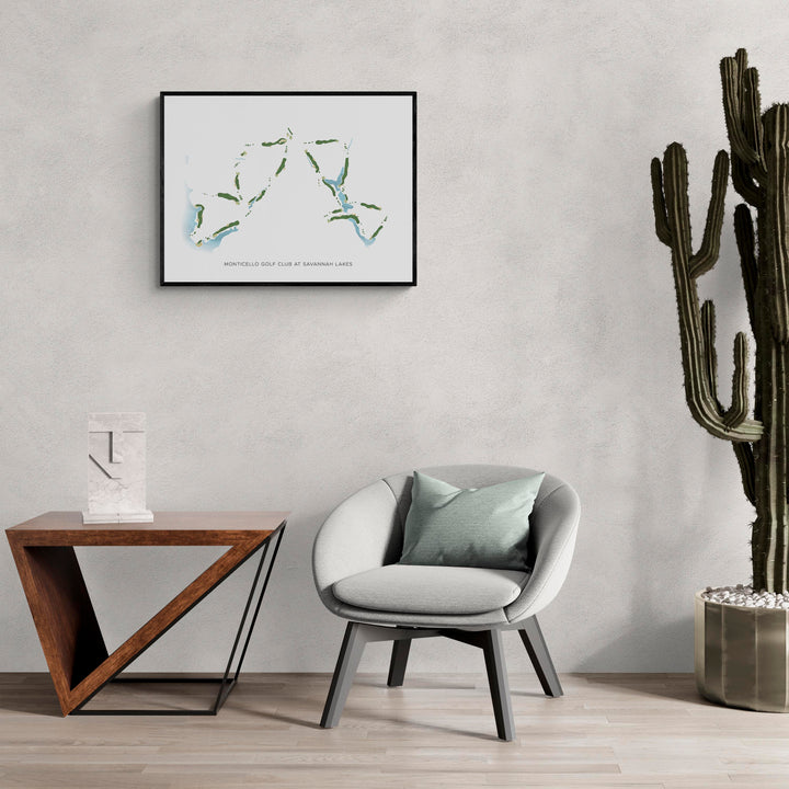 Modern Map of Monticello Golf Club At Savannah Lakes in a living room with large cactus plant