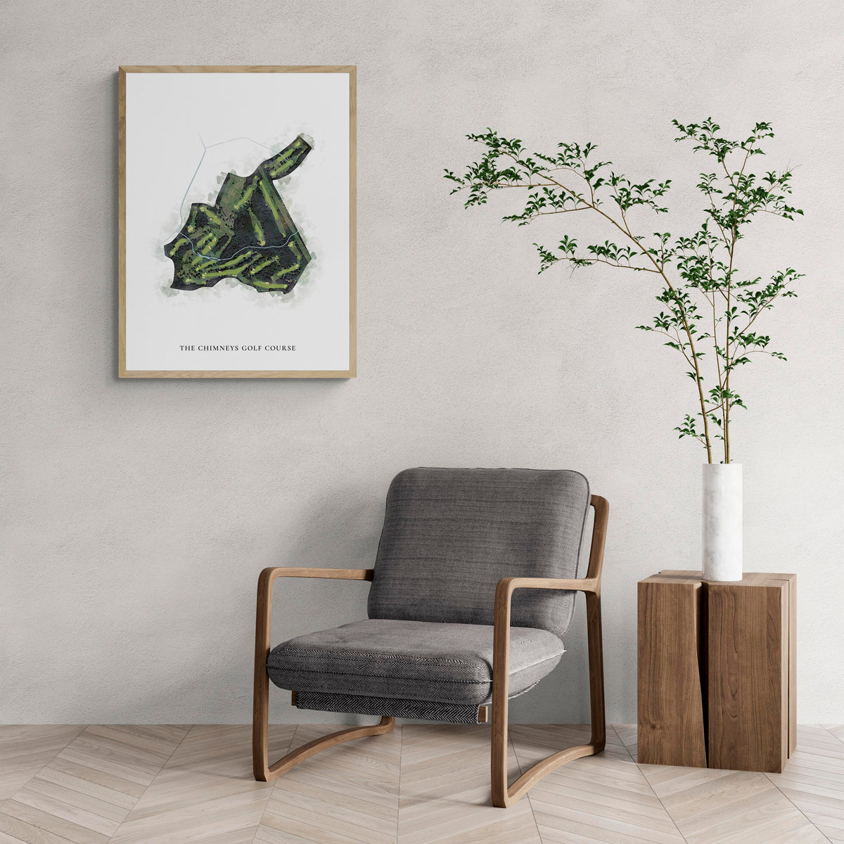 Classic Map of The Chimneys Golf Course with a comfy armchair and large plant
