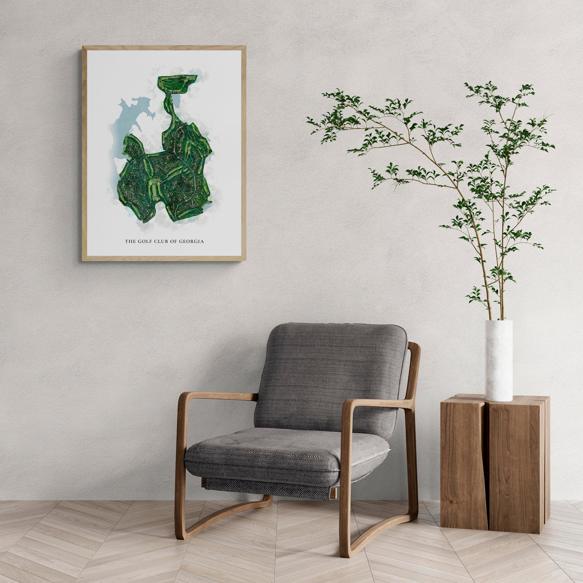 Classic Map of The Golf Club Of Georgia with a comfy armchair and large plant
