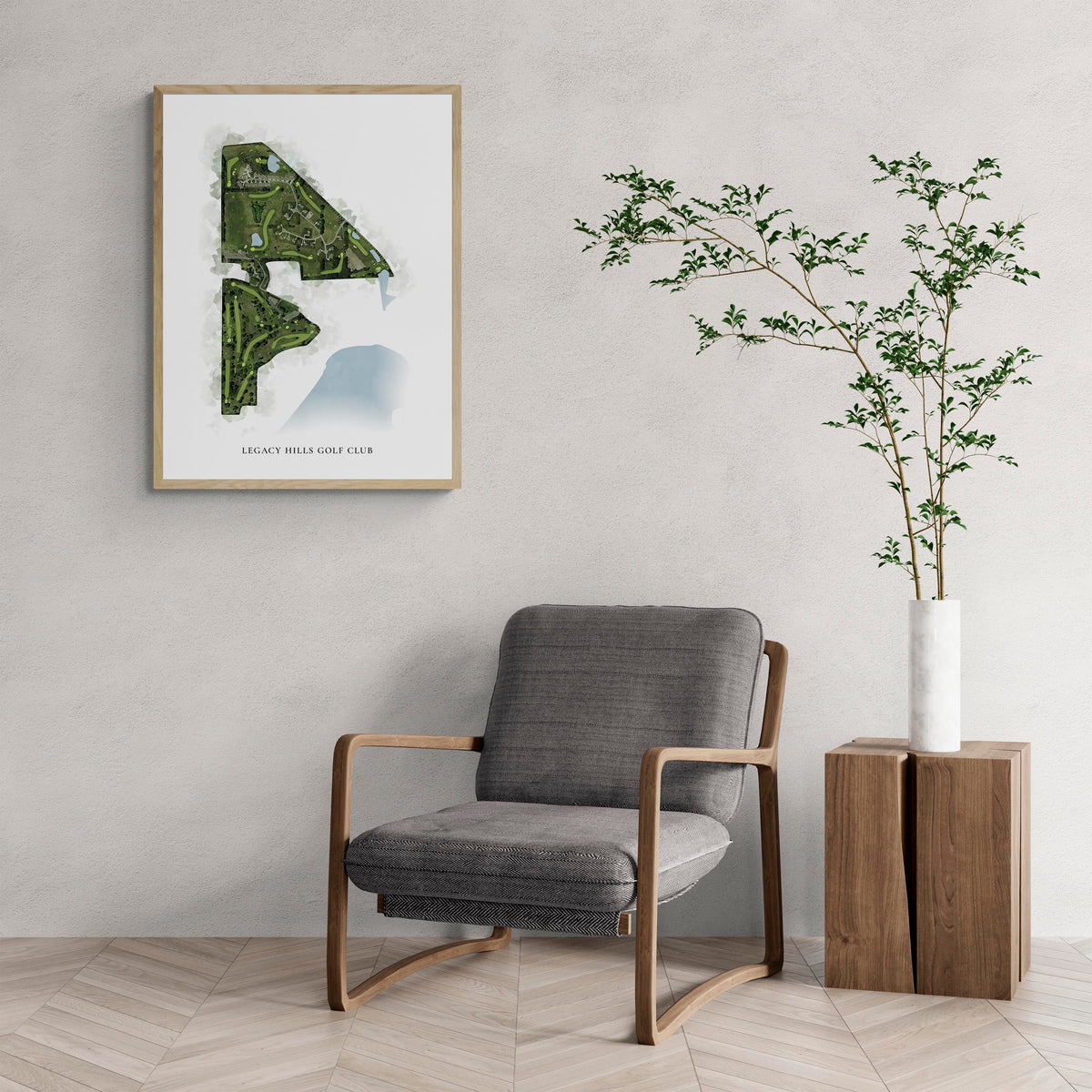 Classic Map of Legacy Hills Golf Club with a comfy armchair and large plant