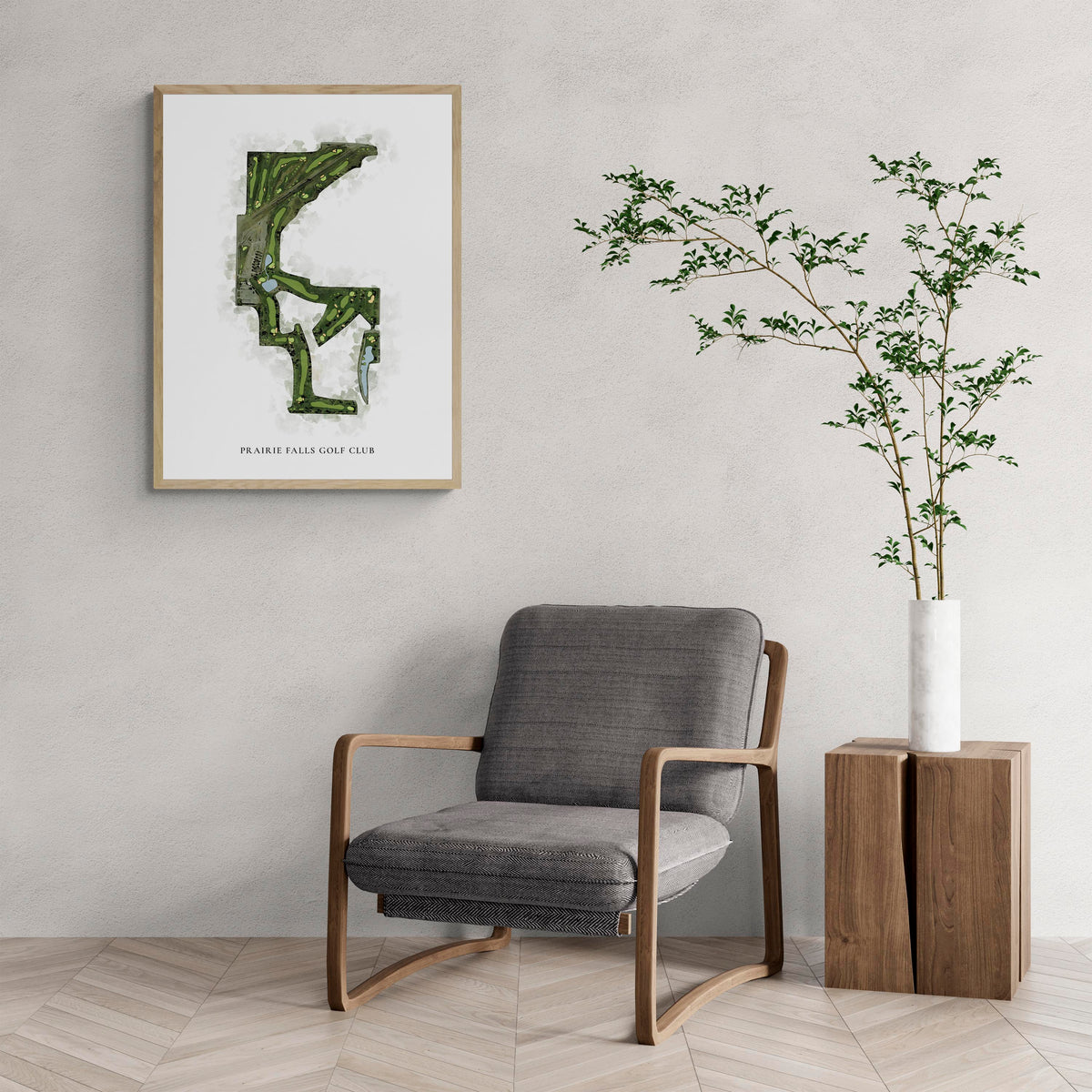 Classic Map of Prairie Falls Golf Club with a comfy armchair and large plant