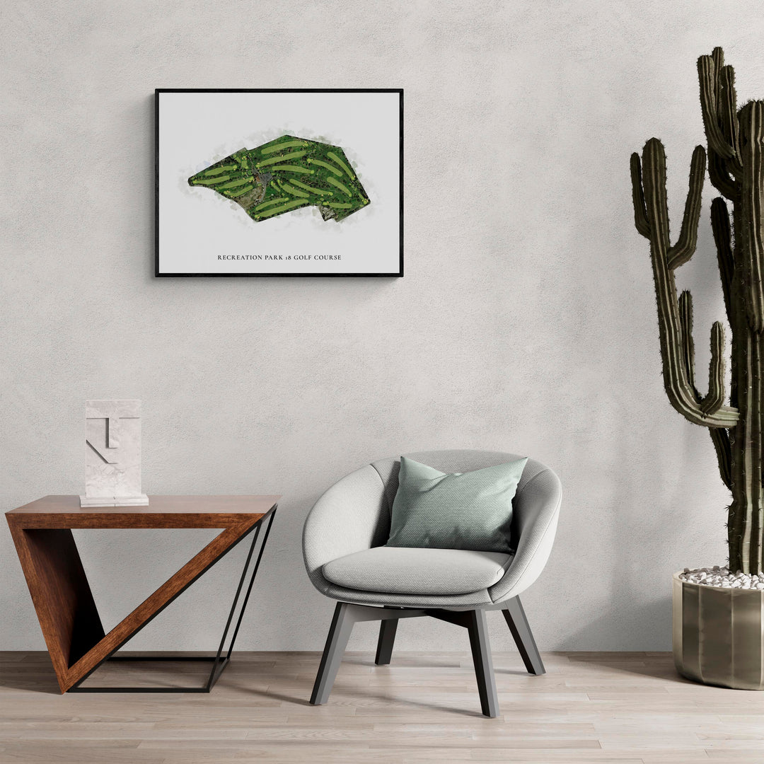 Classic Map of Recreation Park 18 Golf Course in a living room with large cactus plant