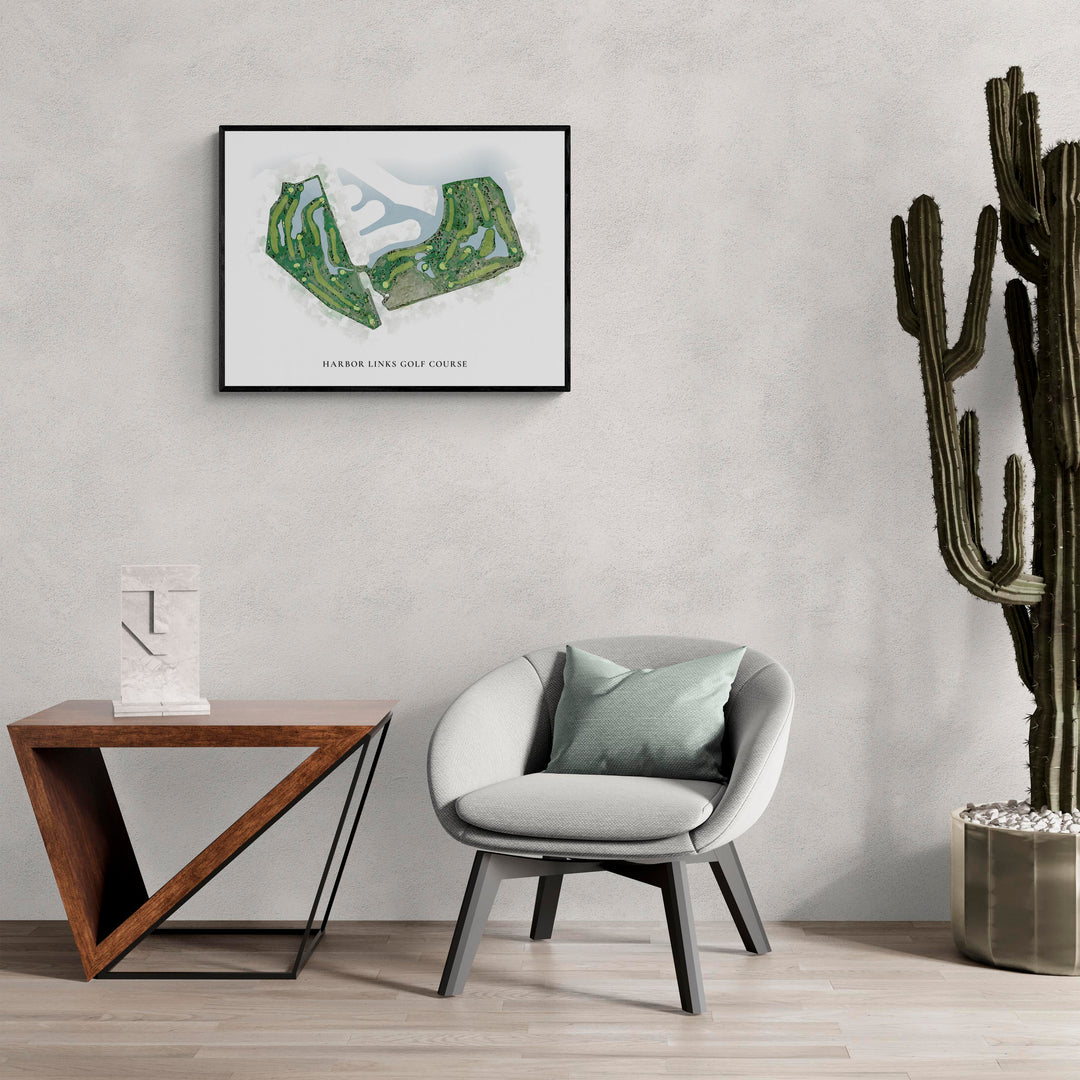 Classic Map of Harbor Links Golf Course in a living room with large cactus plant