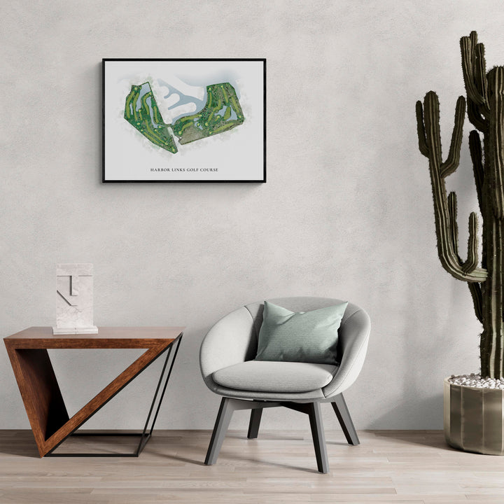 Classic Map of Harbor Links Golf Course in a living room with large cactus plant